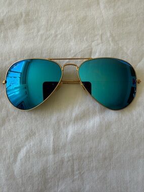 Ray-Ban Gold Frame Sunglasses with Blue Mirrored Lenses
